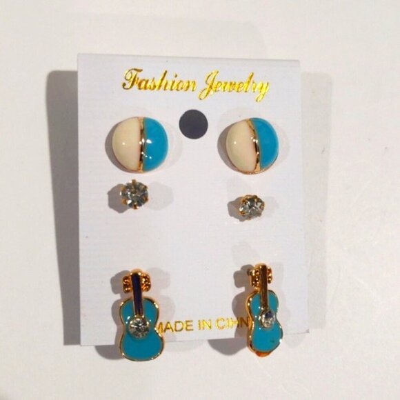 Gold Tone Blue & White Enamel Ball, Guitar, Crystal Stud Earrings Set - Women's - Picture 1 of 8